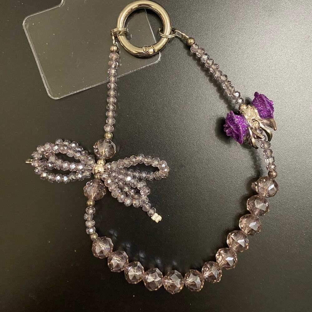 Purple Beaded Phone/Bag Charm with Bow Accent and purple rose - Picture 3 of 5
